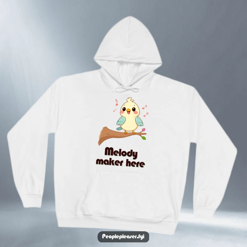 Funny Kawaii bird hoodie depicting a character singing a cheerful tune from a branch, offering warmth and a dose of musical joy.