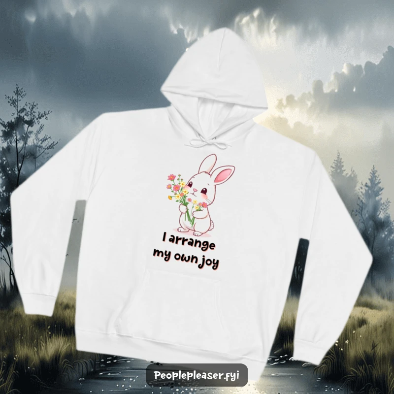 Funny Hoodie: A diligent rabbit offers a perfectly arranged bouquet of tiny flowers, symbolizing thoughtful care and a funny, heartwarming scene.