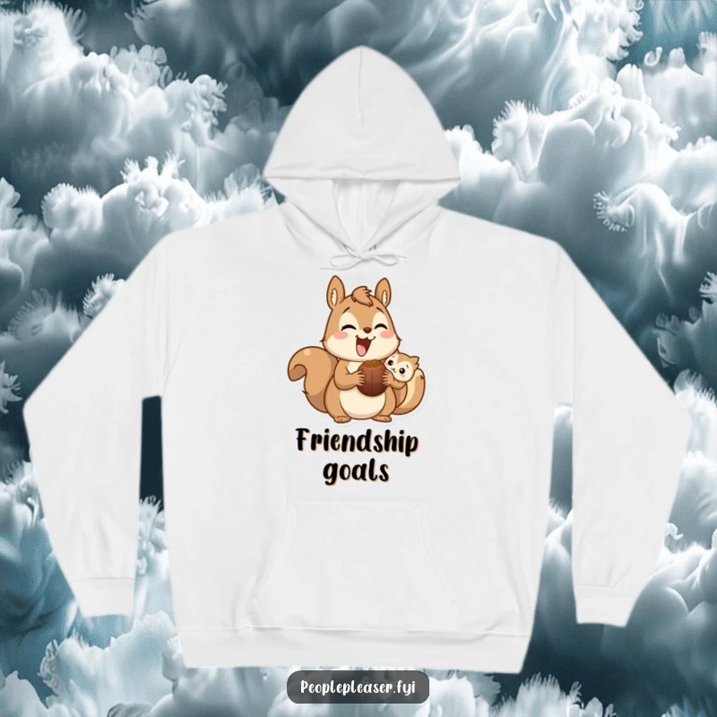 Funny squirrel hoodie featuring a cheerful character sharing a nut, embodying kindness and warmth with a humorous touch.