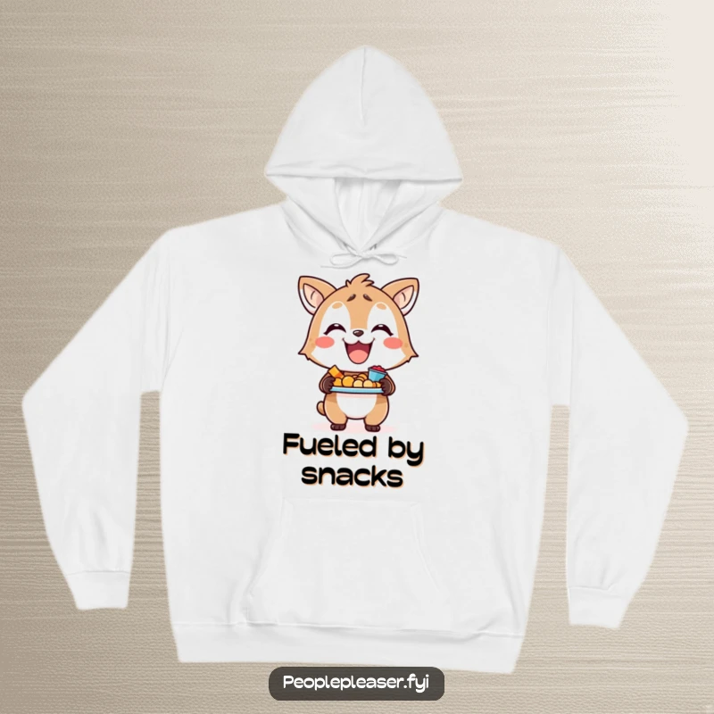Funny hoodie depicting a happy animal character holding a delightful tray of snacks, perfect for cozy moments.
