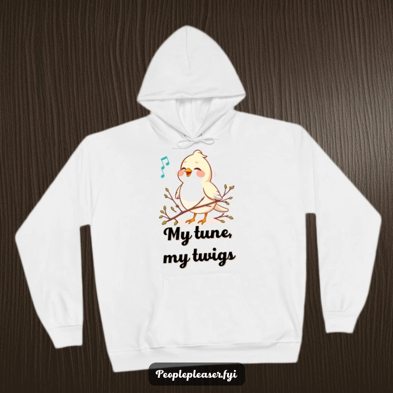 Funny bird singing a sweet melody while arranging tiny twigs, cozy hoodie, perfect for winter and music lovers.