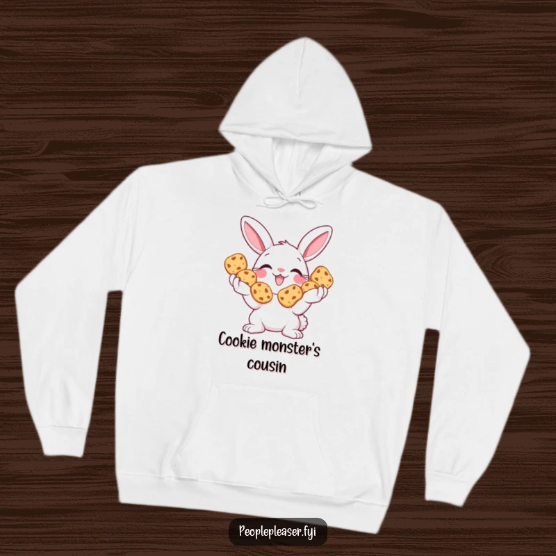 Funny Bunny Hoodie featuring a smiling bunny generously offering a bounty of cookies, perfect for cozy wear.