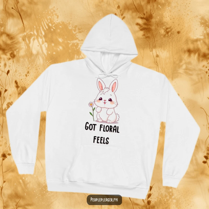 Funny bunny hoodie, nodding cheerfully while offering a delicate flower, symbolizing comfort, kindness, and a huggable spirit.