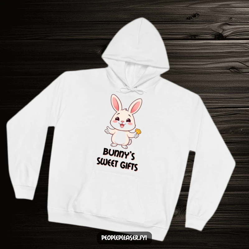 Funny bunny hoodie showing a cheerful bunny character handing out treats with a wide smile, radiating cozy happiness and humor.