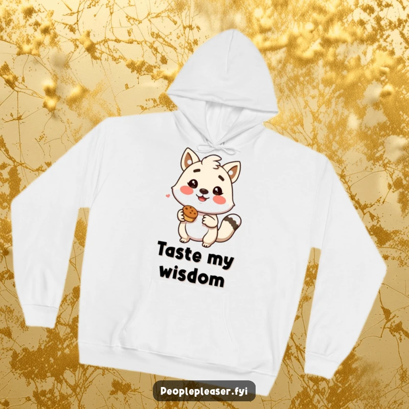 Funny hoodie showing a happy animal character enthusiastically sharing a tasty snack, radiating warmth and friendliness.