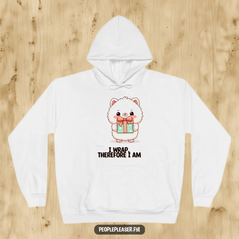 Funny hoodie featuring a cuddly fluffy animal character holding a beautifully wrapped gift, ready to celebrate.