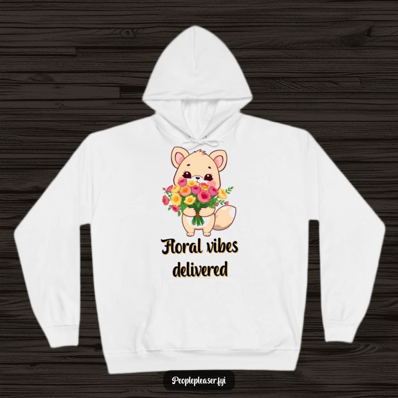 Funny cute animal hoodie, holding a huge bouquet with a warm smile, a cozy and humorous apparel item.