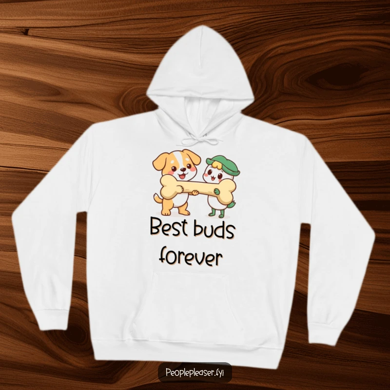 Funny Hoodie: Cheerful dog character sharing a massive bone, radiating warmth and humor for cozy, funny moments.
