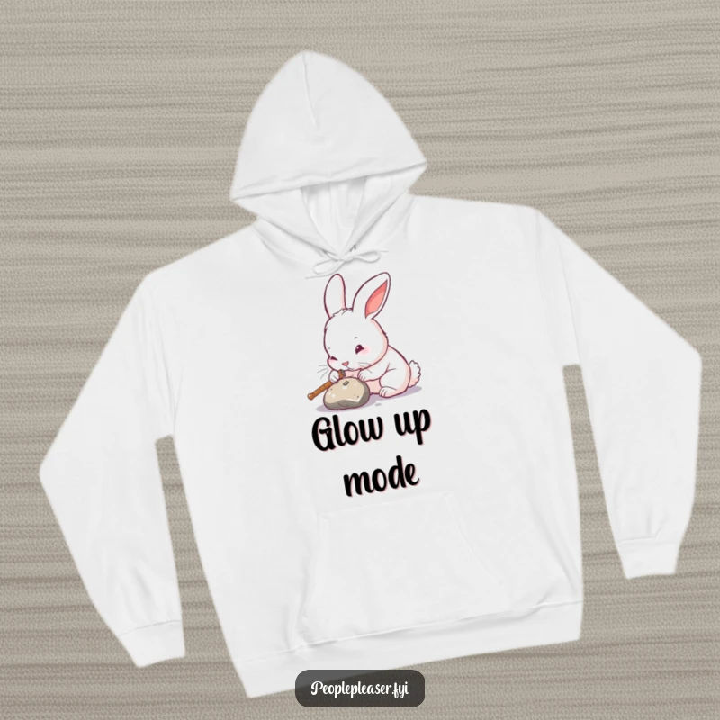 Funny rabbit hoodie, intensely focused on polishing an object to a brilliant shine, embodying meticulousness and dedication.