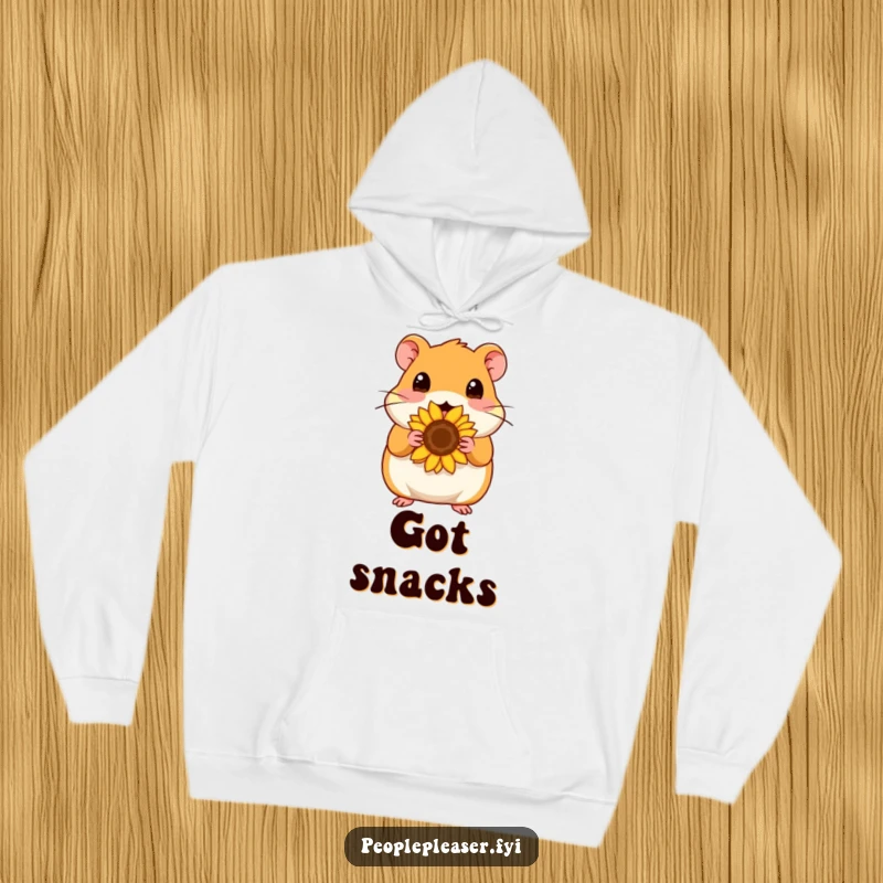 Funny Hoodie: Content hamster character offers a sunflower seed, bringing cozy humor and a touch of cute to chilly days.