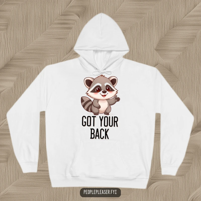 Funny raccoon hoodie featuring a curious character offering assistance, embodying helpfulness and warmth with a humorous touch.