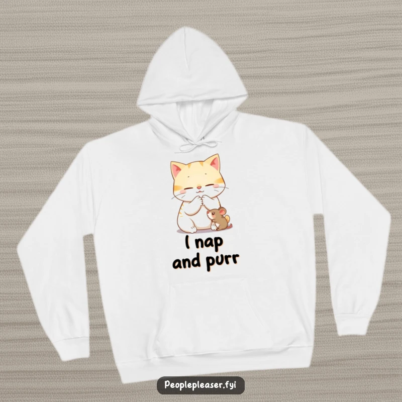 Funny hoodie featuring a content cat character purring while gently grooming a toy mouse, offering warmth and peaceful amusement.