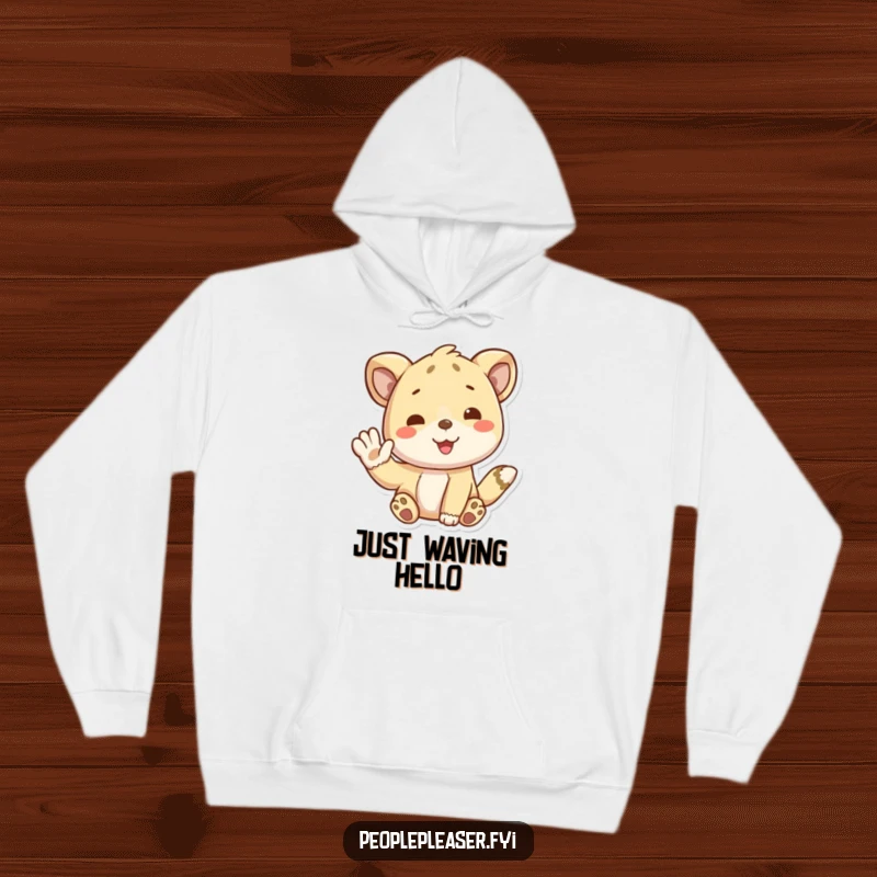 Funny hoodie with a cute animal character giving a cheerful, friendly wave, promising warmth and good cheer. A great funny gift.