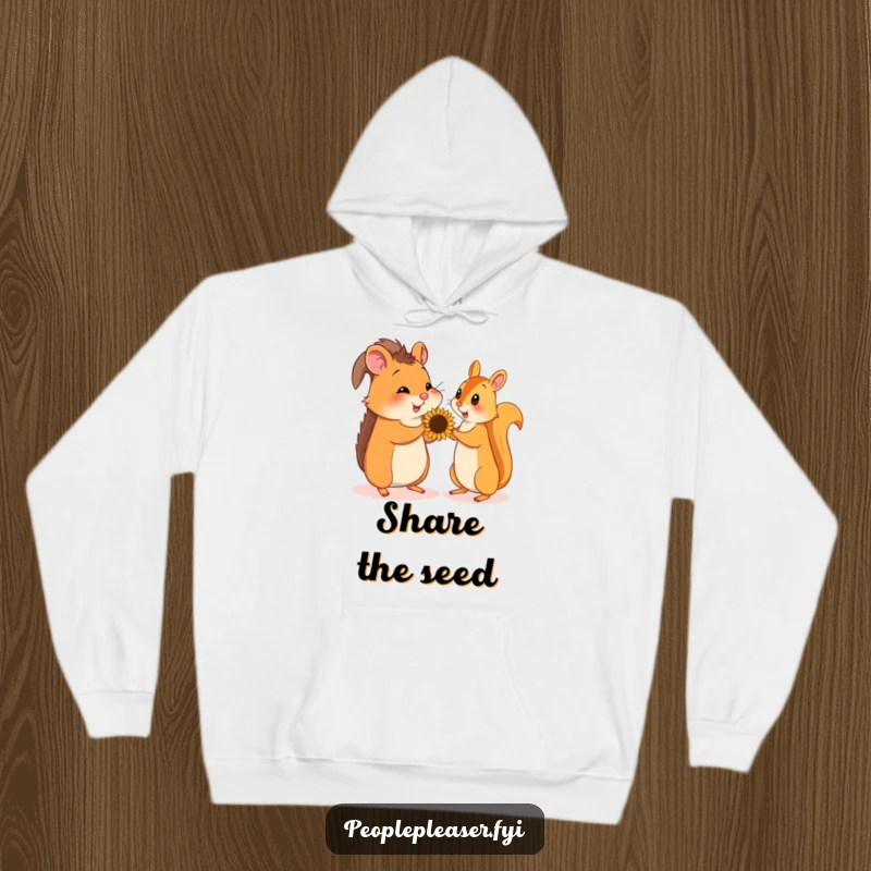 Funny hoodie depicting a cheerful hamster giving a sunflower seed to a grateful squirrel, exuding warmth and friendship.