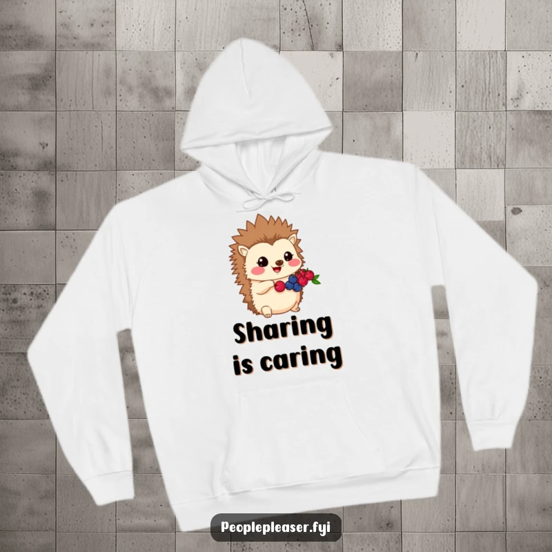 Funny Kawaii hedgehog hoodie depicting a character sharing its berries, providing warmth and a comforting sense of generosity.