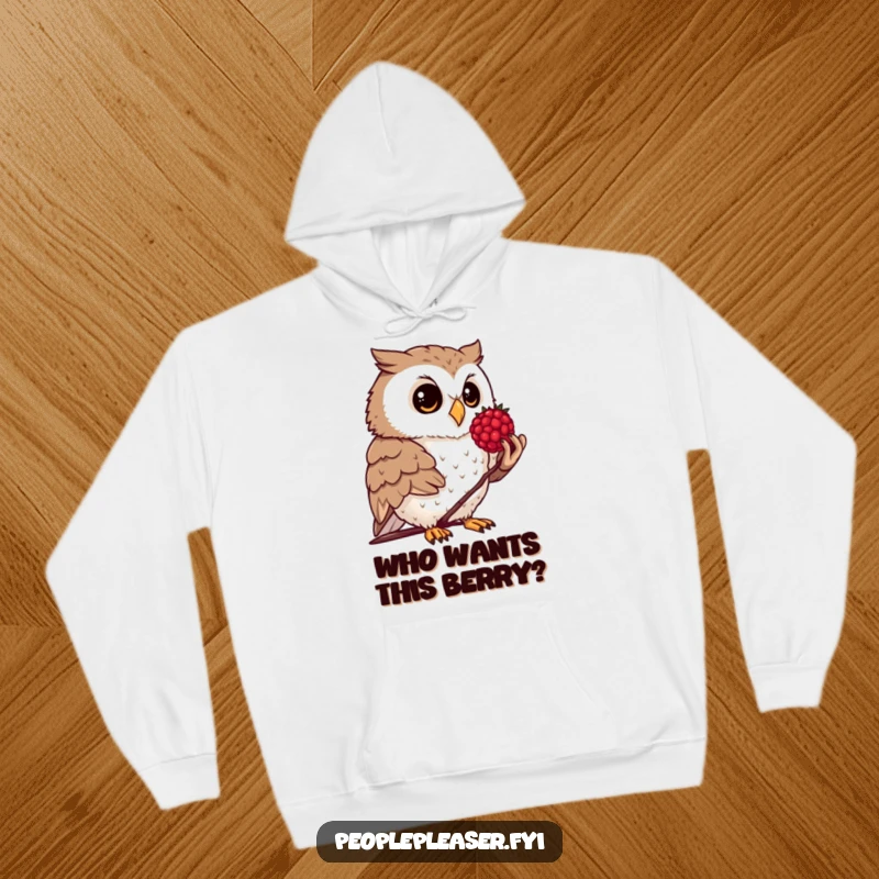 Funny hoodie featuring a curious owl offering a polished berry, symbolizing thoughtfulness and warmth.