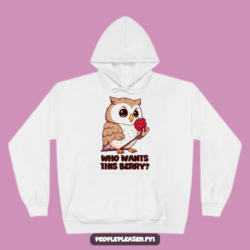 Funny Owl Berry Hoodie: Cozy hoodie with a curious owl offering a berry, a funny gift.