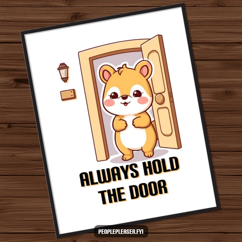 Funny Free Printable Wall Art: Accommodating animal character holding a door open wide, a welcoming and cheerful piece of downloadable art.