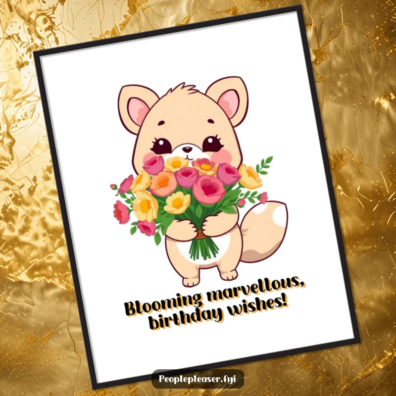 Funny Free Printable Wall Art: A very cute animal character presenting a large and lush bouquet of colorful flowers.