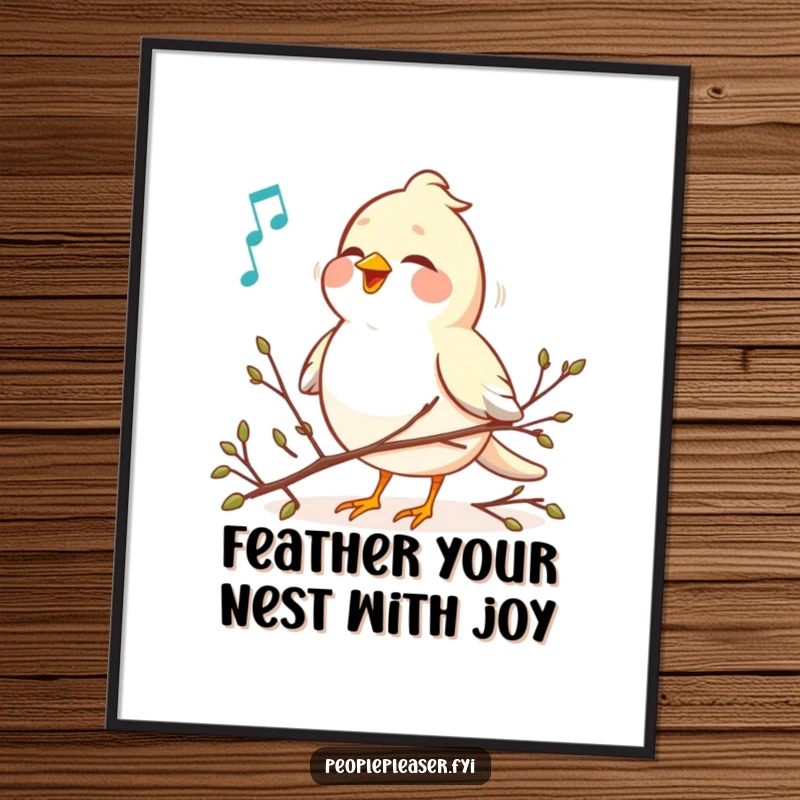 Funny Free Printable Bird Wall Art: A cheerful bird singing sweetly while meticulously arranging tiny twigs, whimsical downloadable art.
