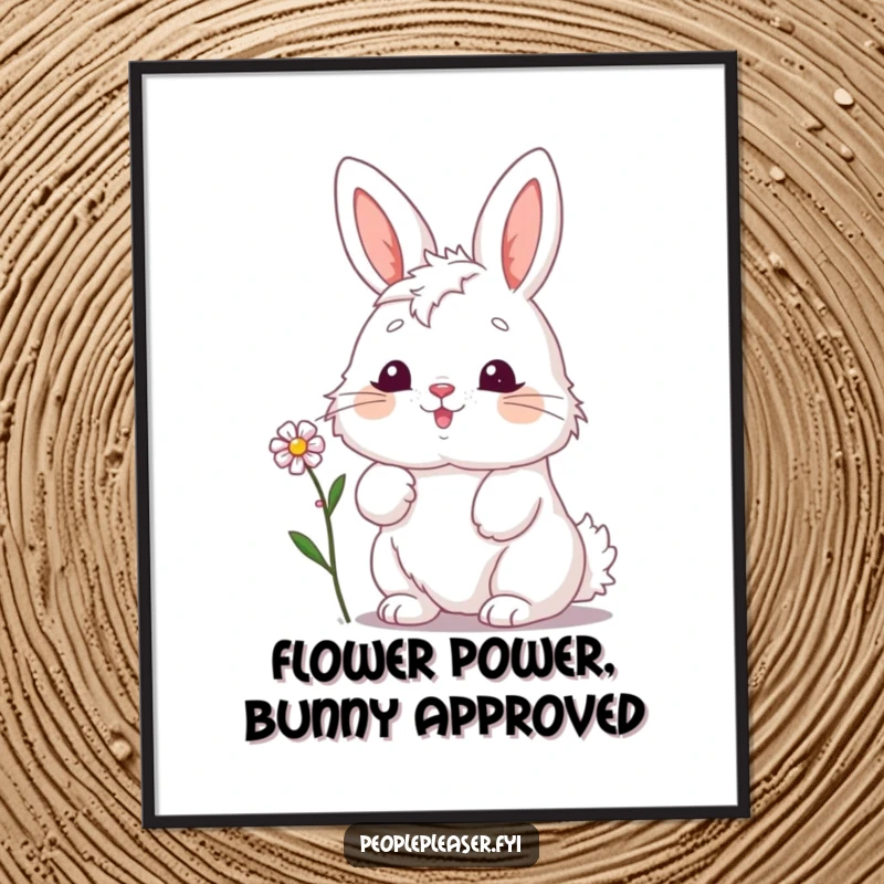 Funny Free Printable Wall Art: A fluffy bunny nodding happily, presenting a single, tiny flower with a gentle expression.