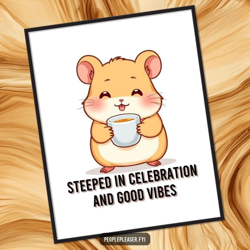 Funny Free Printable Wall Art featuring a cheerful hamster character enjoying a tiny cup of tea, adding whimsical decor to any room.