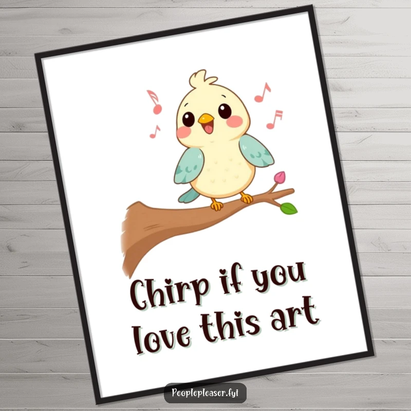 Funny Free Printable Wall Art: Kawaii bird perched on a branch, singing a humorous, joyful tune, adding musical cheer to walls.
