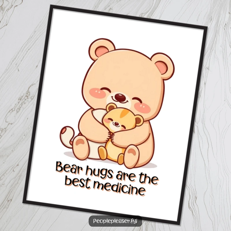 Funny Free Printable Wall Art: A large, smiling bear embraces a smaller animal in a comforting, warm hug.