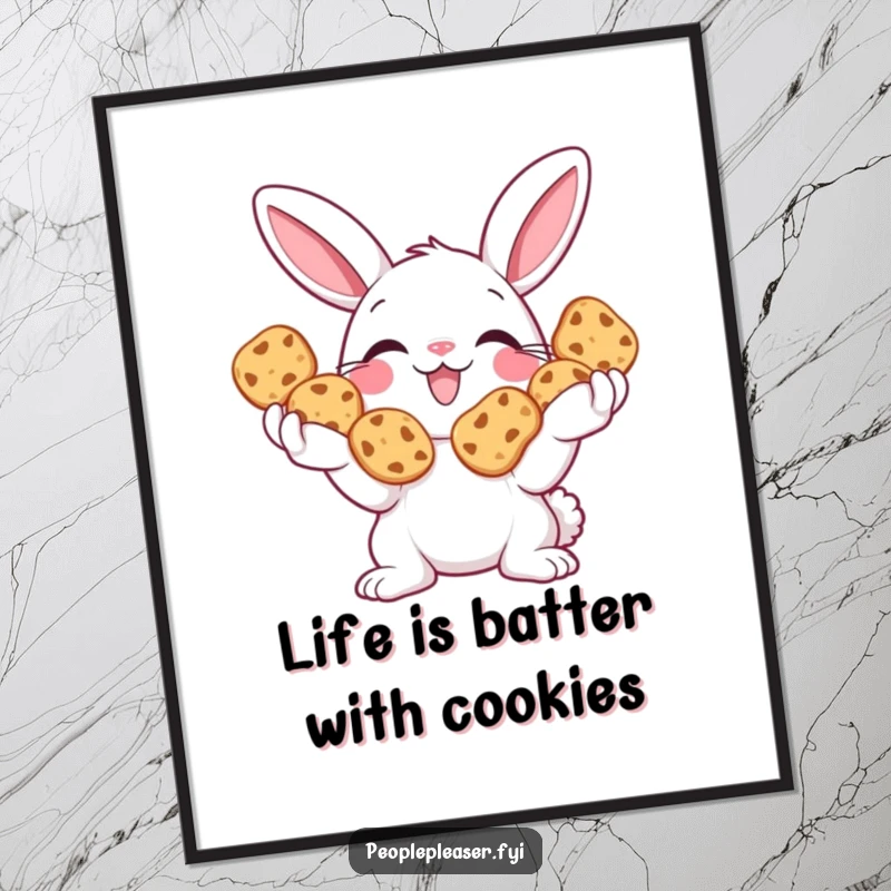 Funny Free Printable Wall Art: A smiling bunny character holding out a generous pile of cookies.