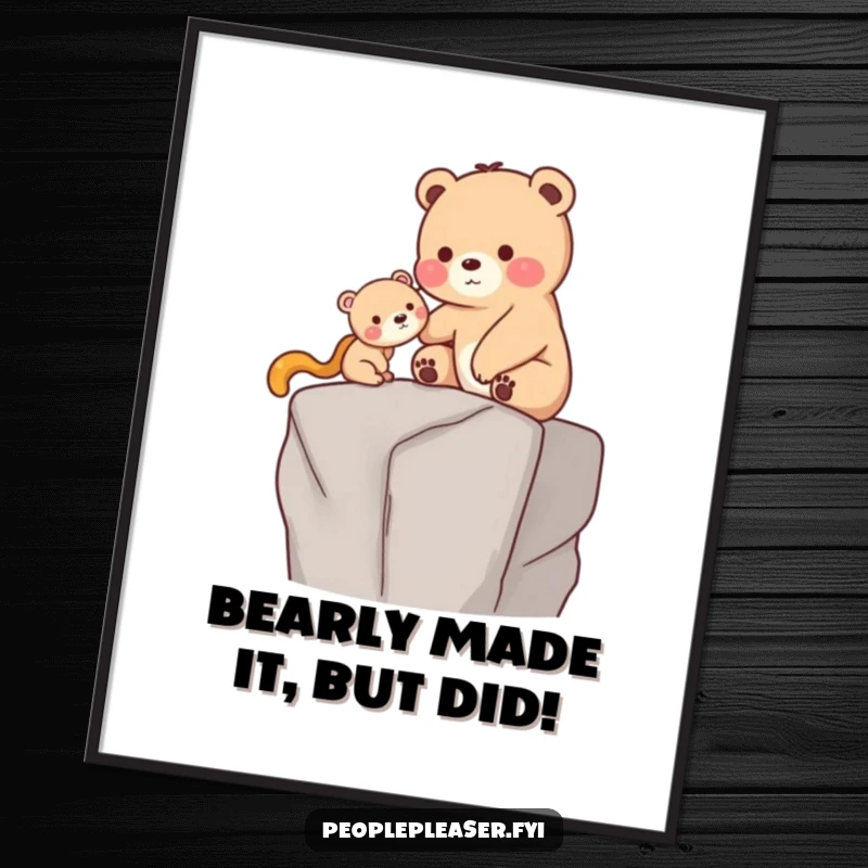 Funny Free Printable Wall Art: A caring bear gently helps a smaller creature ascend to a high ledge, symbolizing support and kindness.