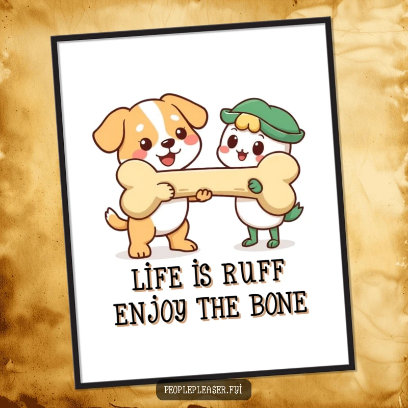 Funny Free Printable Wall Art: A cheerful dog joyfully offers a massive bone, a humorous piece for any room. Instant download.