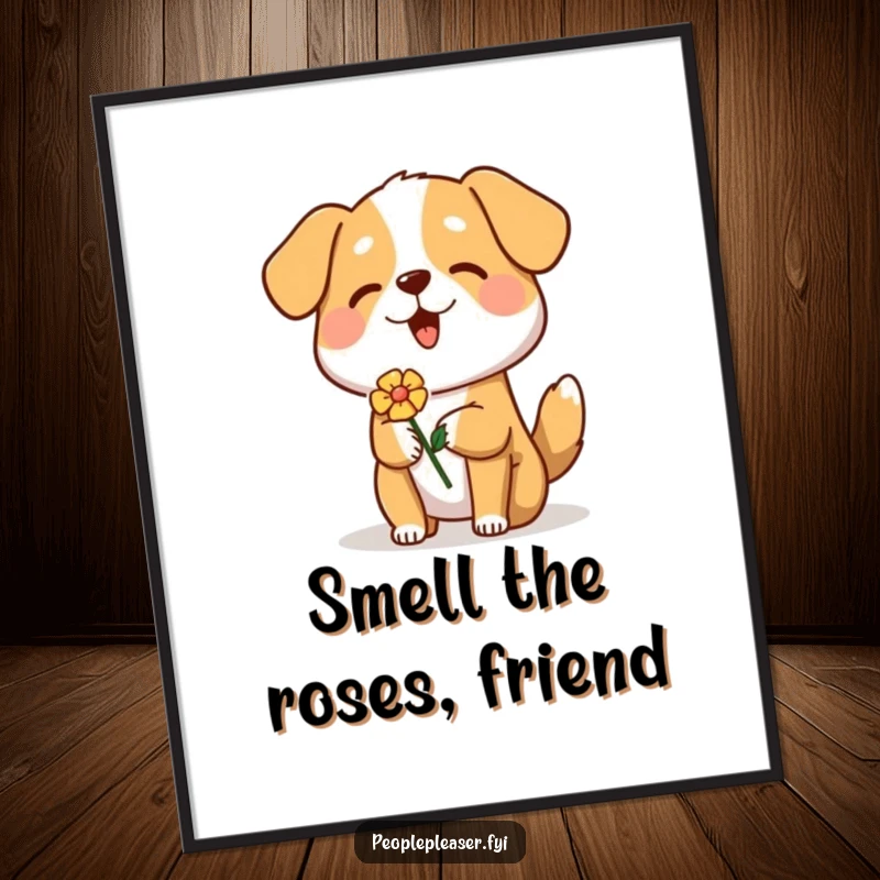 Funny Free Printable Wall Art: A cheerful dog character holding a flower, bringing a smile to any room.