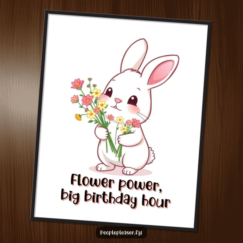 Funny Free Printable Wall Art: A diligent rabbit proudly displays a perfectly arranged bouquet of tiny flowers, adding charm to any room.