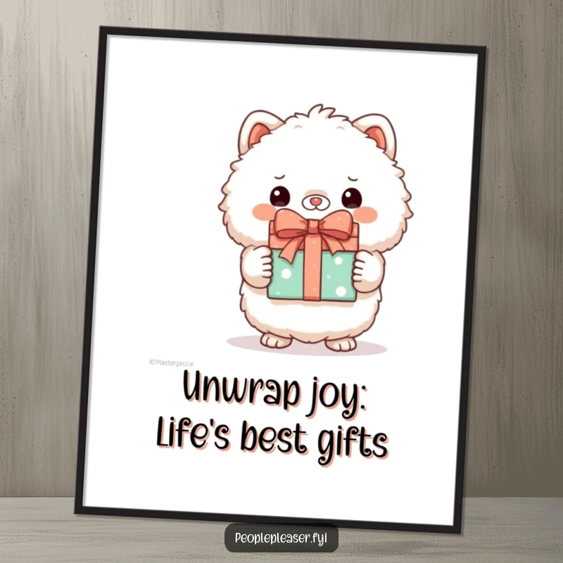 Free Printable Wall Art of a fluffy animal character proudly presenting a perfectly wrapped gift, whimsical downloadable decor.