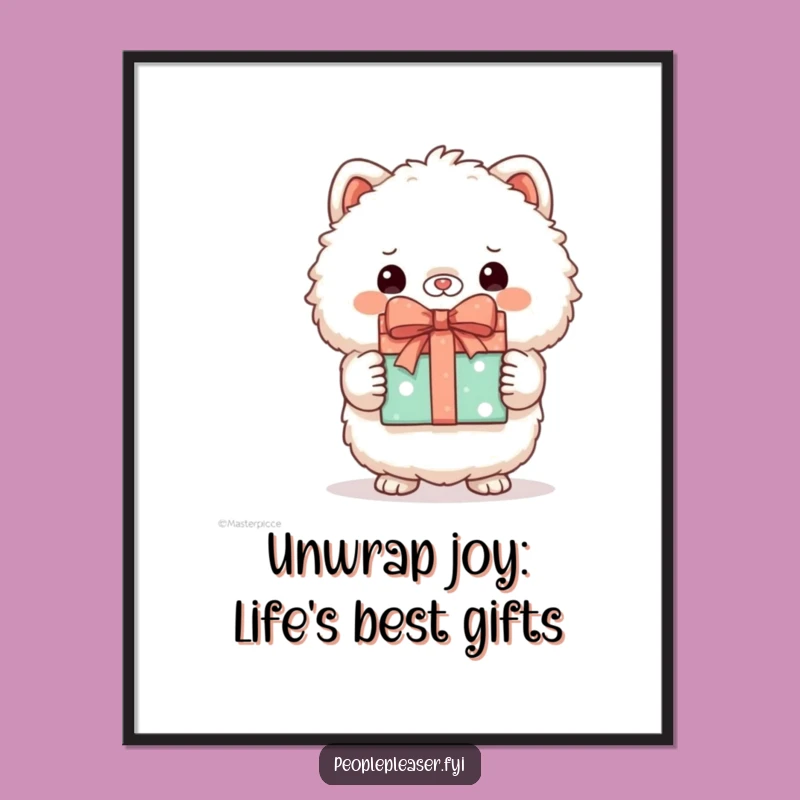 Funny Free Printable Wall Art: Fluffy Animal with Gift - Whimsical Downloadable Decor
