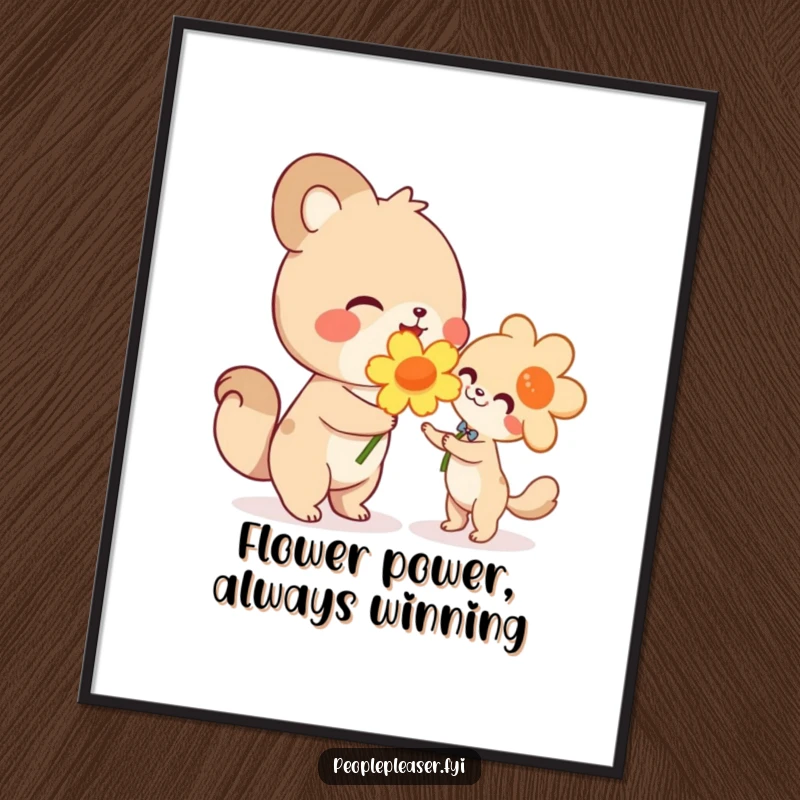 Funny Free Printable Wall Art: Cartoon animal beaming with joy while gifting a large, vibrant flower to another character, symbolizing happiness.