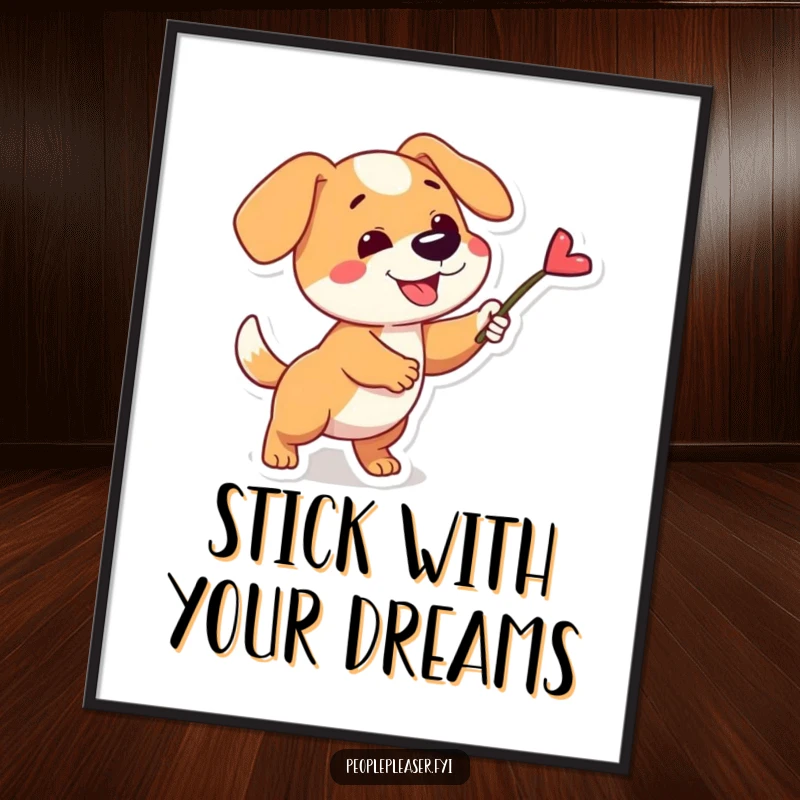 Funny Free Printable Wall Art: Playful dog fetching a single perfect stick, energetic downloadable decor, print at home.