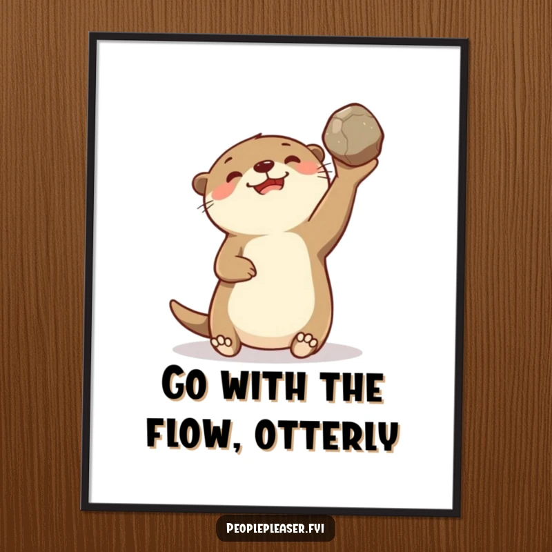 Funny Free Printable Wall Art: Delighted otter gleefully tossing a smooth stone, perfect for humorous downloadable decor, print at home.