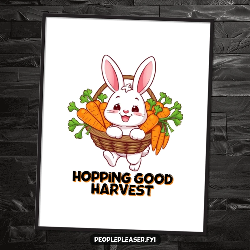 Funny Free Printable Bunny Wall Art: Happy bunny with a basket overflowing with carrots, a cheerful and downloadable decorative piece.