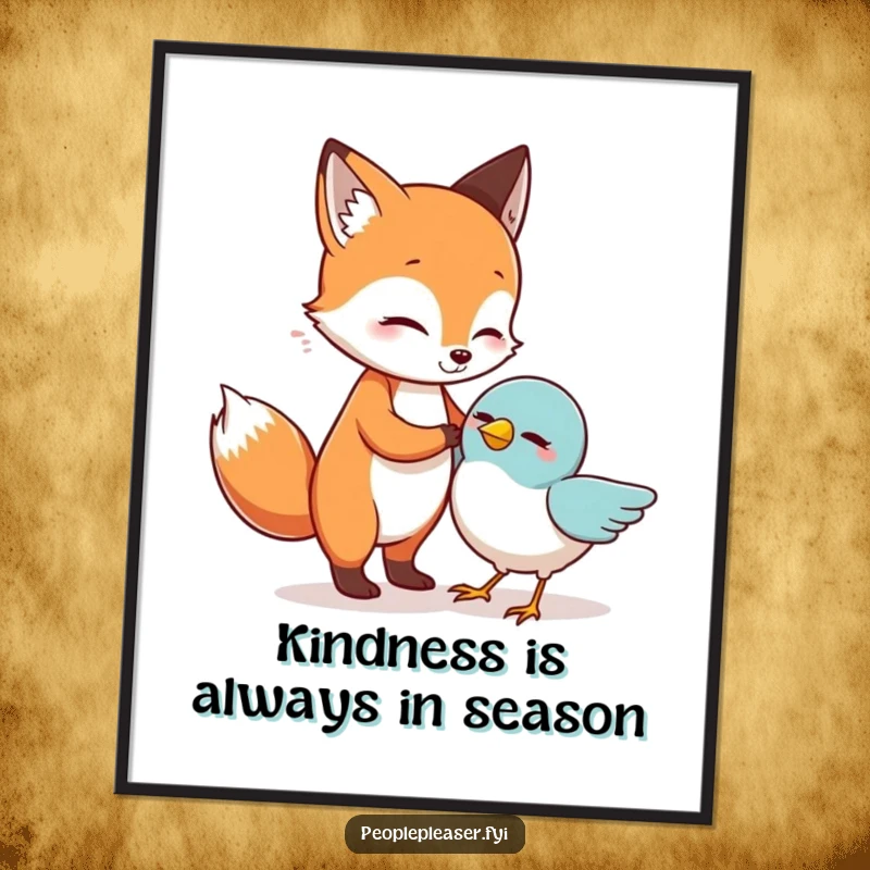 Funny Free Printable Wall Art: A supportive fox character helps a little bird stand up, creating a heartwarming scene.
