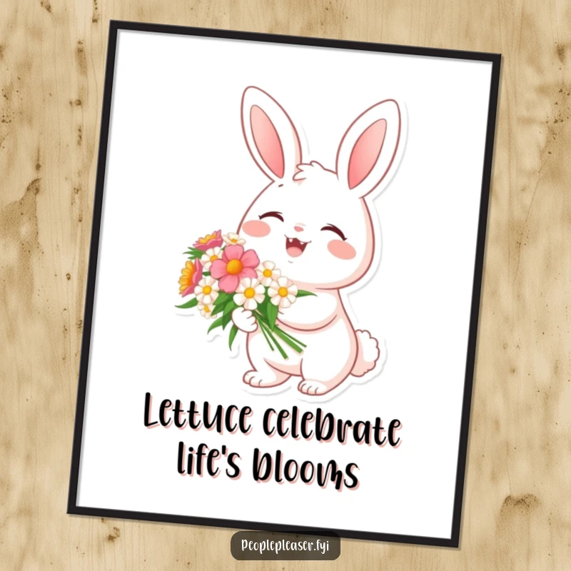 Funny Free Printable Wall Art: A cheerful bunny character holds a flower bouquet, looking delighted and bringing joy.