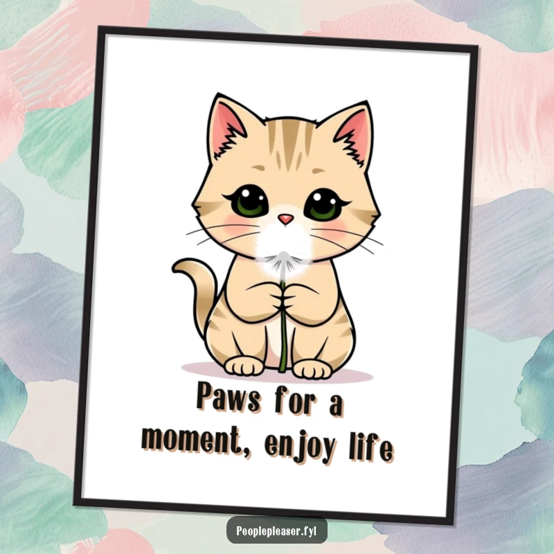 Funny Free Printable Wall Art: A charming cat holds a fluffy dandelion puff, bringing whimsical humor to your home decor.