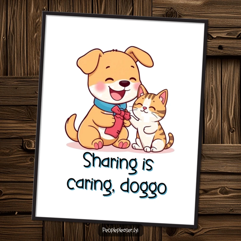 Funny Free Printable Wall Art depicting a happy dog character extending a toy towards a curious cat.
