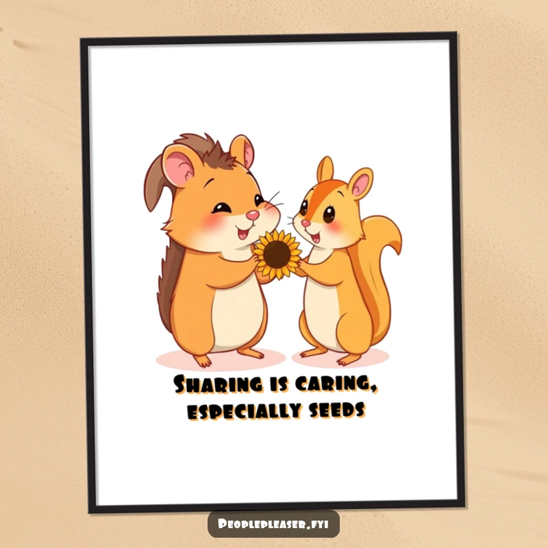 Funny Free Printable Wall Art depicting a hamster playfully gifting a sunflower seed to a squirrel, celebrating friendship and joy.