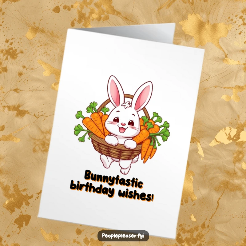 Funny Free Printable Bunny Birthday Card: Happy bunny carrying a basket overflowing with carrots, a delightful birthday greeting.