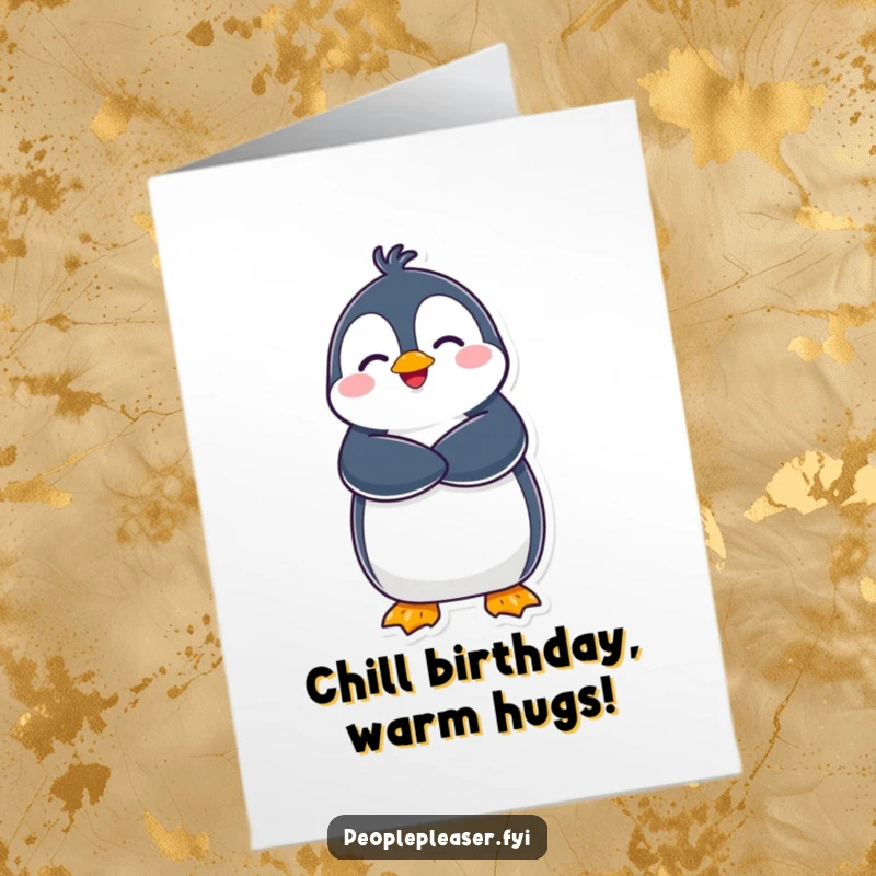 Funny Free Printable Birthday Card: A delighted penguin with open wings gives a big, warm, and cheerful hug.