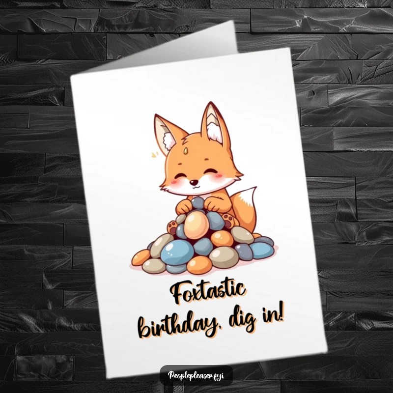 Funny Free Printable Birthday Card: Playful fox proudly presenting a carefully arranged pile of shiny pebbles for your birthday.