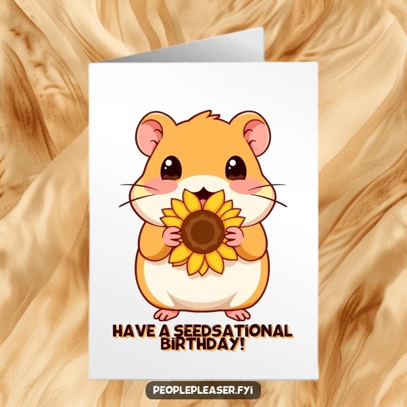 Cute Free Printable Birthday Card: A content hamster proudly offers a sunflower seed, wishing a happy birthday. Instant download.