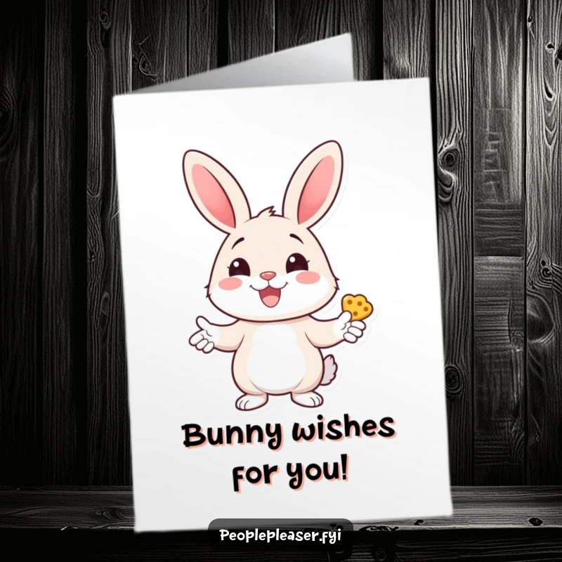Funny Free Printable Birthday Card: Cheerful bunny offers tasty treats with a big smile for a birthday.