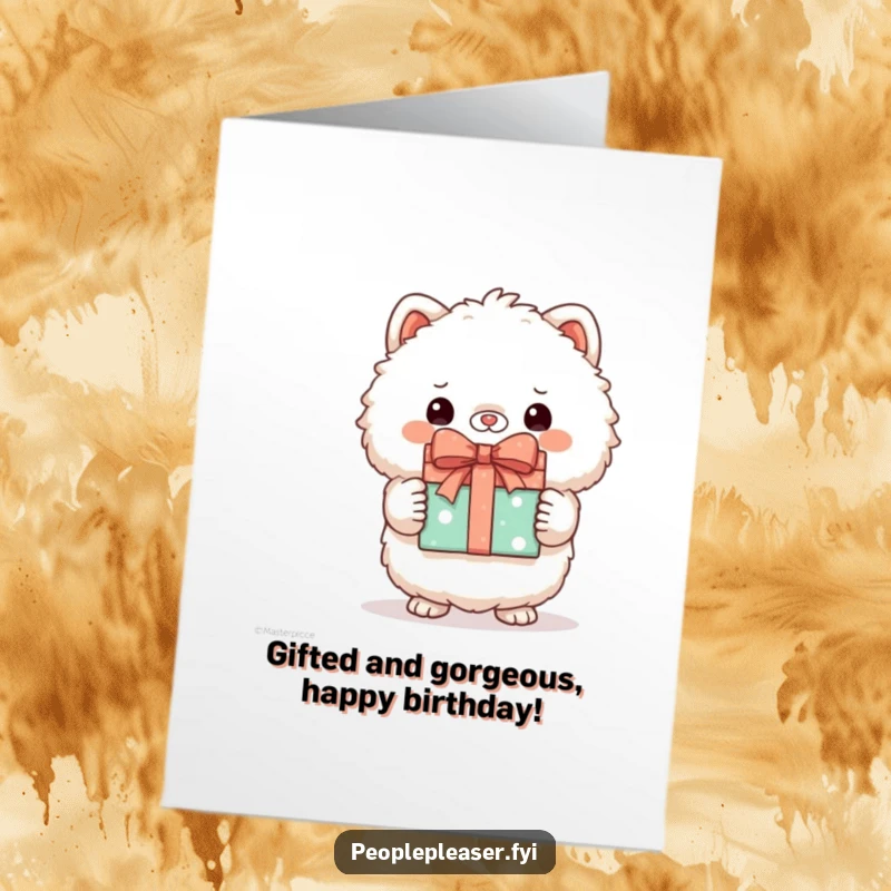 Free Printable Birthday Card featuring a fluffy animal character proudly presenting a perfectly wrapped gift, a joy-filled downloadable card.
